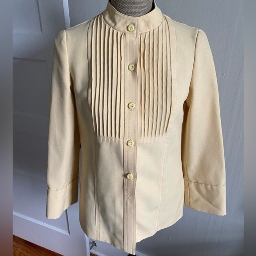 The Villager Yellow Vintage Pleated High Neck Button Down Long Sleeve Top